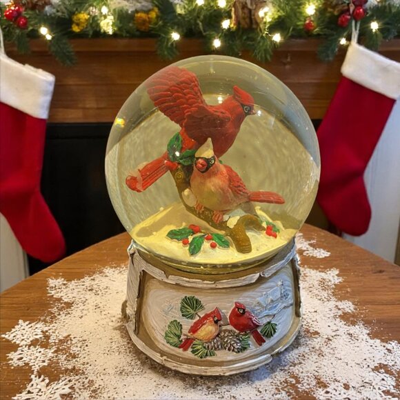 CHRISTMAS SNOW GLOBE -- Musical, Red Cardinals, Holly, Plays "We Wish You Merry" - Picture 1 of 7
